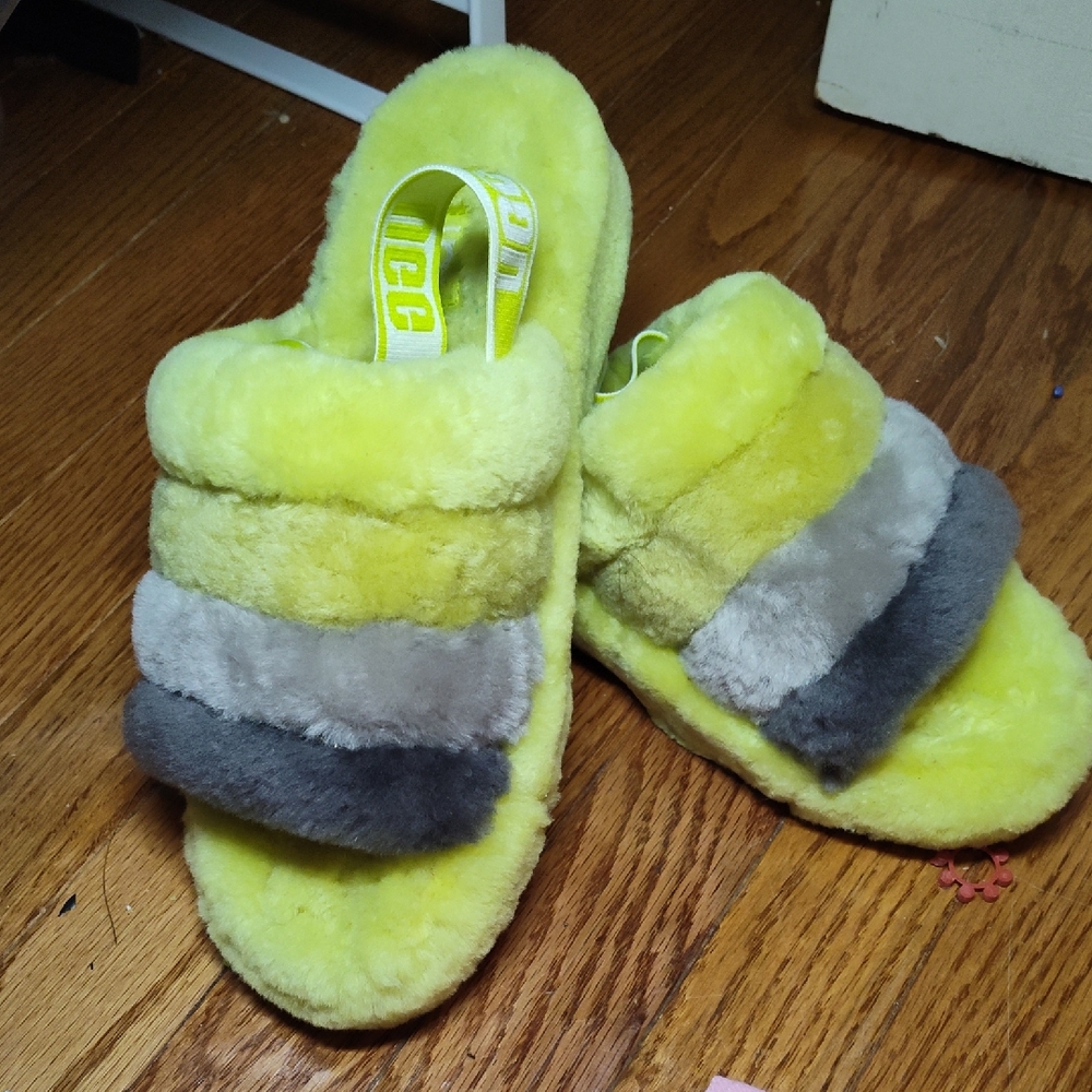 UGG Yellow and Gray Fuzzy Slippers
